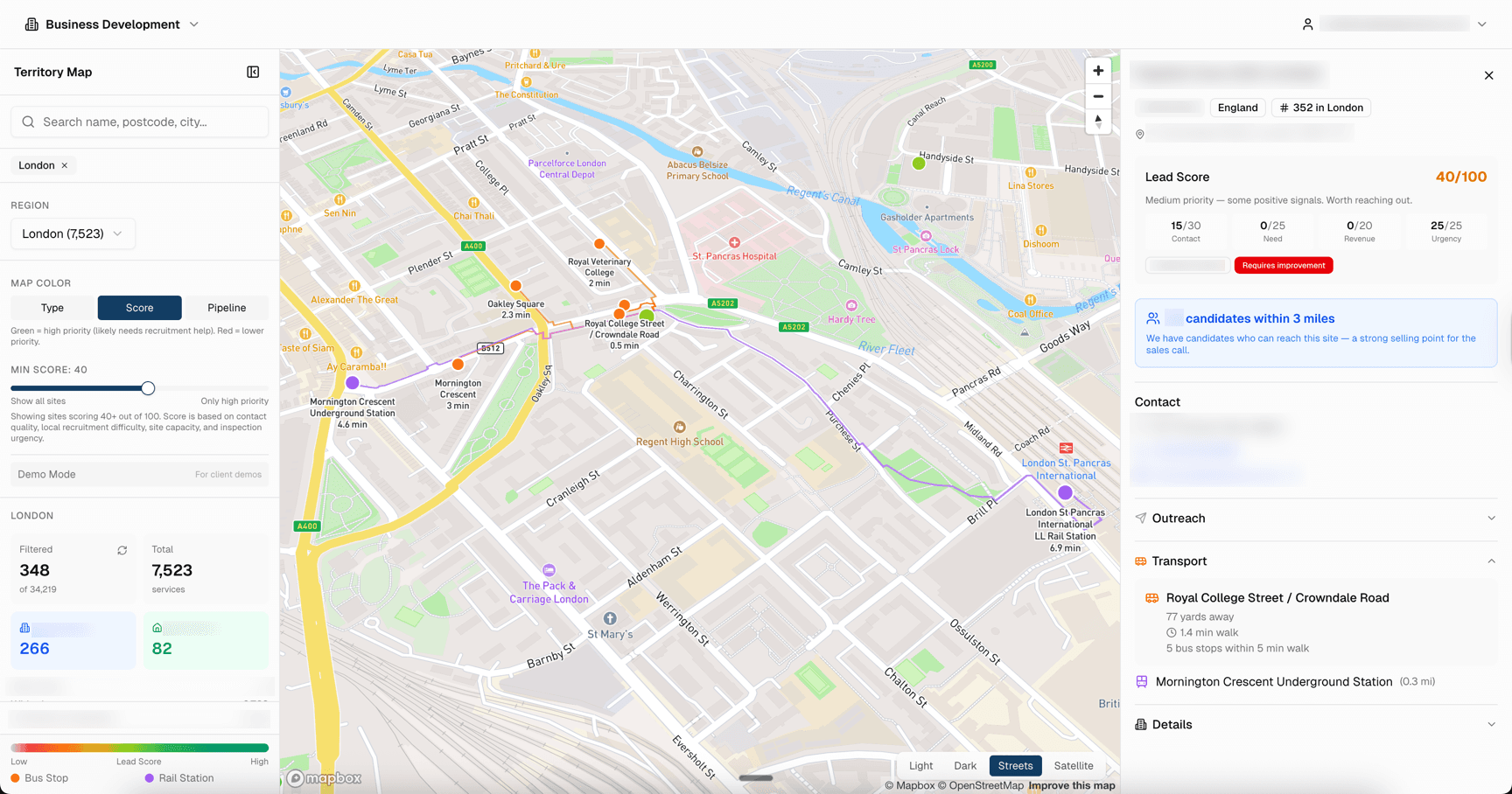 Recruitment platform business development view — a territory map of London with postcode-based lead scoring, candidate radius filtering, and outreach tracking.